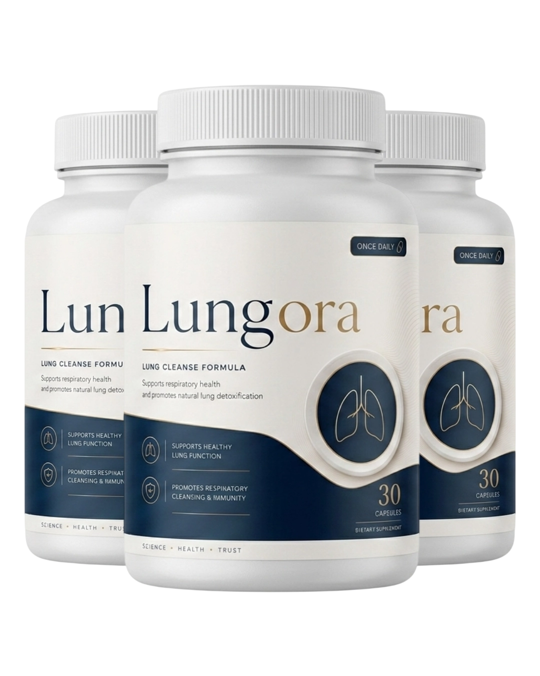 Lungora capsules with bottle showing non-stimulant lung support formula