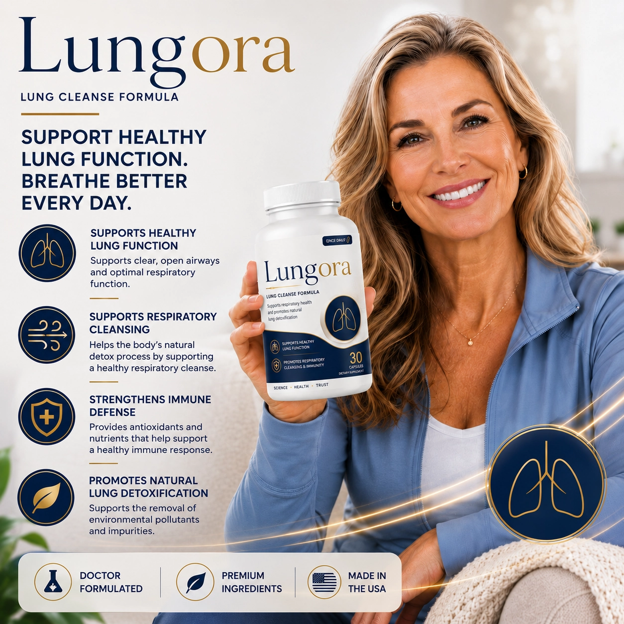 Senior adult breathing easily after taking Lungora lung health supplement